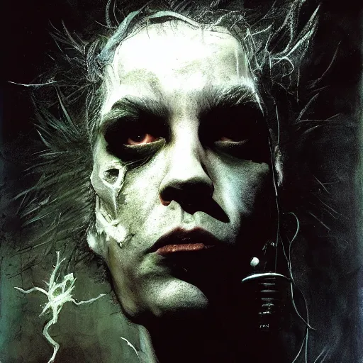 Image similar to gaunt ( the cure fan ) as dream from sandman, dim stars as eyes, by jeremy mann, by cedric peyravernay, by ben templesmith, by dave mckean and richard avedon, dramatic lightning, sadness, dark eye sockets, in the shadows, punk rock, gothic, high detailed, 8 k