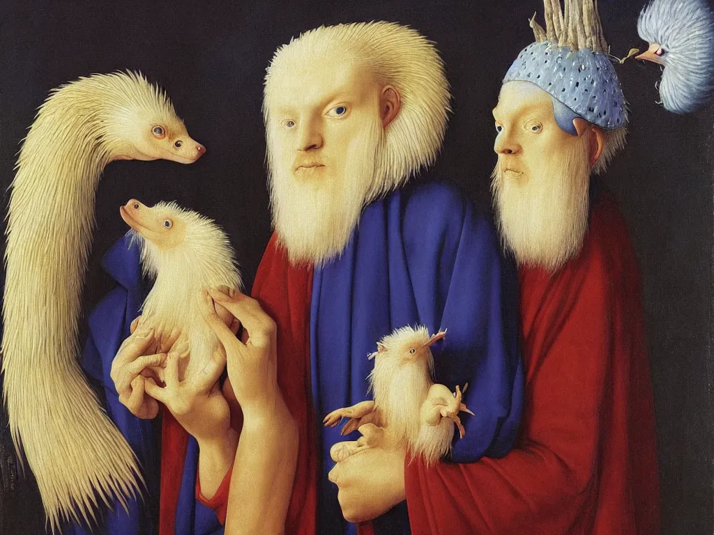 Prompt: Portrait of albino mystic with blue eyes, with exotic beautiful hedgehog. Painting by Jan van Eyck, Audubon, Rene Magritte, Agnes Pelton, Max Ernst, Walton Ford