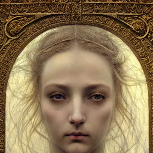 Image similar to detailed realistic beautiful young medieval queen face portrait by jean delville, brooke shaden, gustave dore and marco mazzoni, art nouveau, symbolist, visionary, gothic, pre - raphaelite