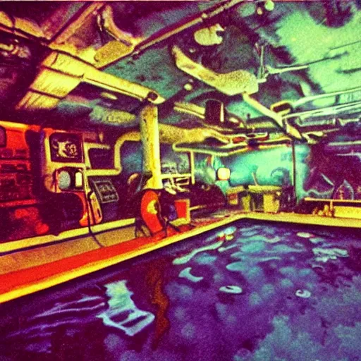 Prompt: under water deep sea station at night, lo fi, polaroid 6 0 0, 1 9 6 5 lightning, vintage science fiction, aquatic plants, colorful swirls of paint, movie set.