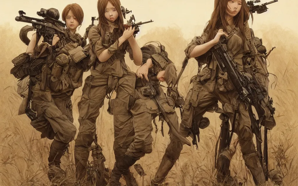 Image similar to war movie scene, infantry girl, anime style, long hair, hair down, symmetrical facial features, explosions, from girls frontline, hyper realistic, pale skin, rule of thirds, extreme detail, realistic lighting, detailed drawing, trending artstation, hd, d & d, trading card, by alphonse mucha, greg rutkowski, sharp focus, backlit