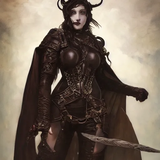 Prompt: portrait of a surly and resentful female tiefling thief with small horns clothed in leather armor and a cloak, angry expression, by Greg Rutkowski and John Collier and Krenz Cushart and Artem Demura and Alphonse Mucha and Albert Aublet, as seen on ArtStation, 4k, dungeons and dragons, very aesthetic, very detailed, intricate, unreal, fantasy, dramatic, painterly, artstation, sharp focus, smooth