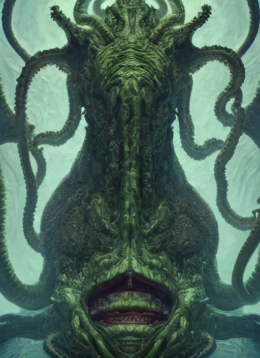 Image similar to portrait of mark zuckerberg as cthulhu, hyper detailed, digital art, trending in artstation, cinematic lighting, studio quality, smooth render, unreal engine 5 rendered, octane rendered, art style by klimt and nixeu and ian sprigger and wlop and krenz cushart.