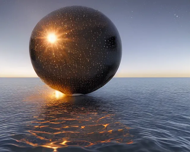 Prompt: a giant abstract sculpture of the birth of the universe on the ocean water, in the style of jonathan monk, award winning, cinematic, hyper - realistic, very detailed, realistic water splashes, ray tracing, 8 k resolution, long - shot, sharp focus, low angle, 8 5 mm photograph, wide lens