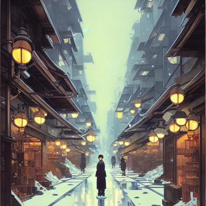 Image similar to empty tokyo at night, winter, in the style of studio ghibli, j. c. leyendecker, greg rutkowski, artem