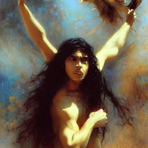 Image similar to a latino teenage boy with long black hair opens a portal to nowhere. dramatic. cinematic. holy. saintly. demigod. detailed. sharp. photo realistic. realism. gaston bussiere. phil hale