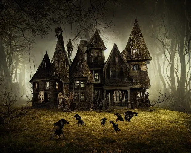 Prompt: the scariest witches house in the scariest dark forest, scary animals, epic scene, dark, scary, horror, frightening, fantasy, cinematic, redshift render, cgi, hyper - detailed, photo - bash, 8 k post - production, masterpiece