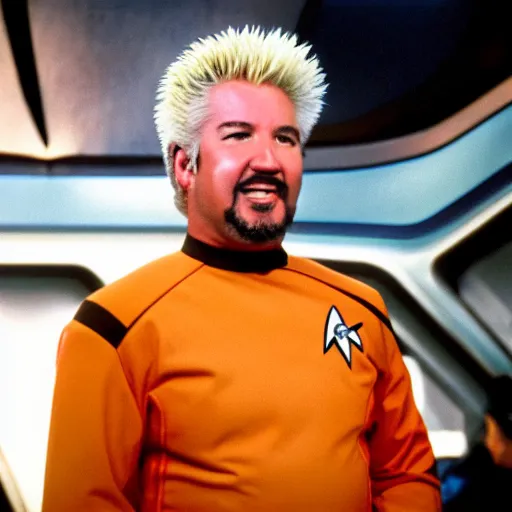 Prompt: Guy Fieri as a crew member on Star Trek the original series, XF IQ4, f/1.4, ISO 200, 1/160s, 8K, RAW, unedited, symmetrical balance, in-frame