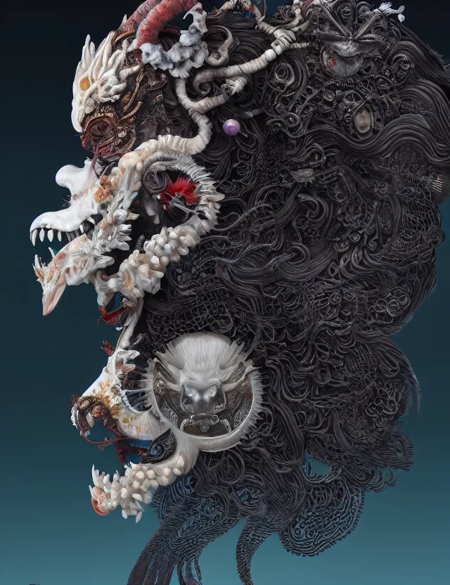 Image similar to 3 d goddess of hell close - up profile portrait with ram skull. beautiful intricately detailed japanese crow kitsune mask and clasical japanese kimono. betta fish, jellyfish phoenix, bio luminescent, plasma, ice, water, wind, creature, artwork by tooth wu and wlop and beeple and greg rutkowski