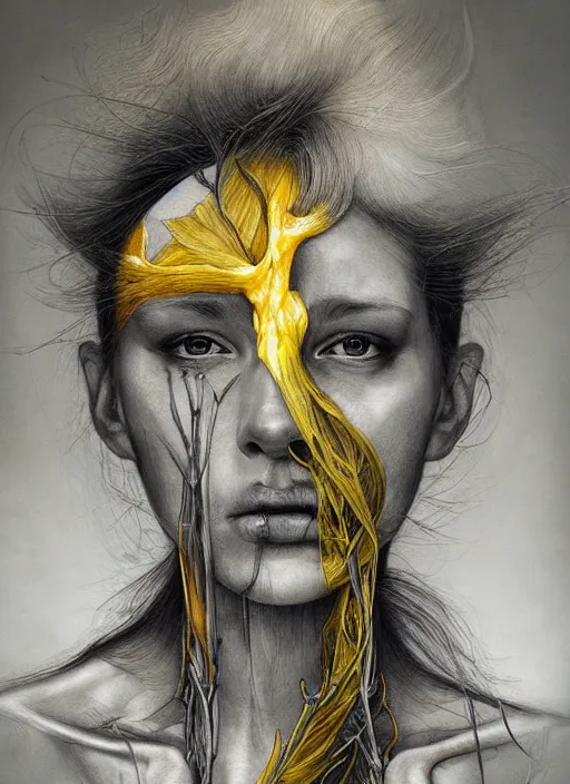 Image similar to masterpiece, woman, bones and veins, yellow, marco mazzoni, zdzislaw beksinksi