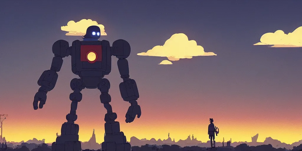 Prompt: Iron Giant, Portrait, Cloudy Sky, Golden Hour, Sun, Neon Lights, Subject in Middle, Subject in center, Rule of Thirds, Retrofuturism, Studio Ghibli, Simon Stålenhag