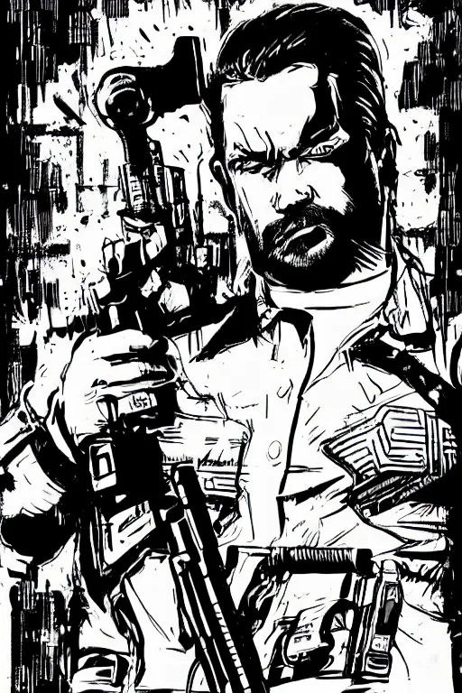 Prompt: billy mays holding a gun, a page from cyberpunk 2 0 2 0, style of paolo parente, style of mike jackson, adam smasher, johnny silverhand, 1 9 9 0 s comic book style, white background, ink drawing, black and white, colouring pages