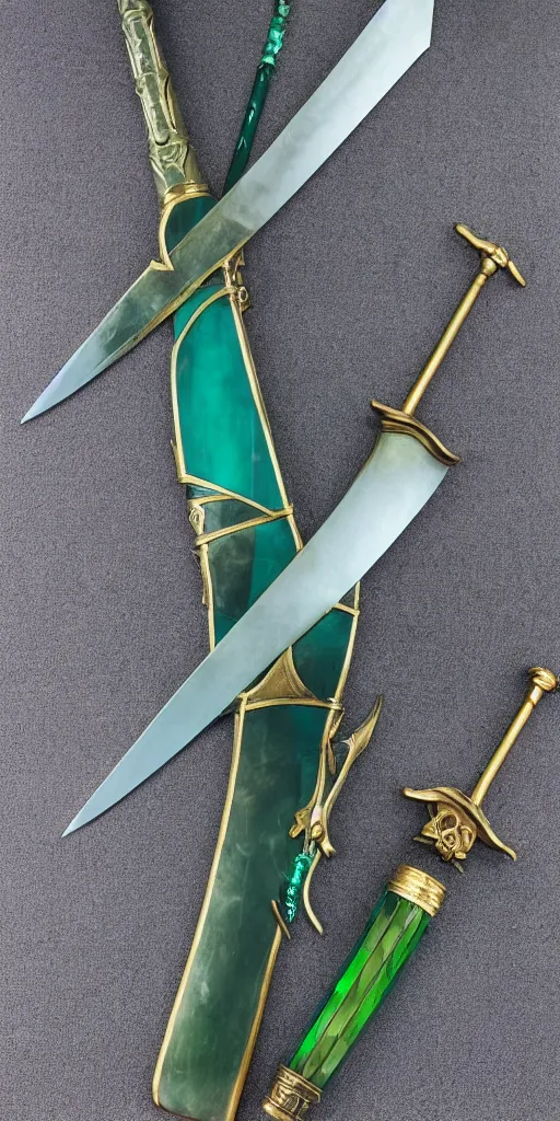 Image similar to photograph of a wide green and teal crystal sword blade attached to a big gold sword hilt