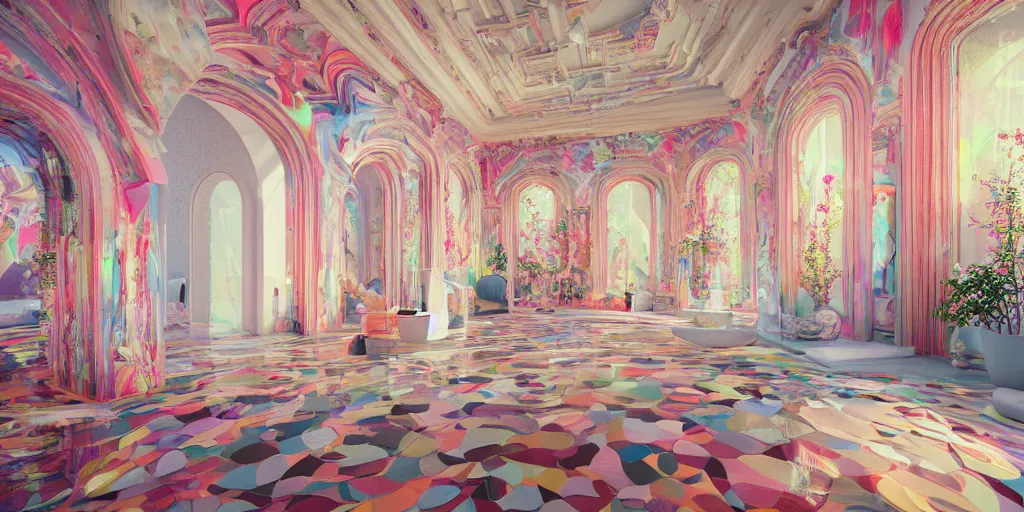 Prompt: a modern indoor room full of insane detailed colorfull melting wax, clean architecture, pictures in the wall, pastel colored, intricate detailed 3 d render, hyper realistic intricate acrilic fluid art, intense colors, wide shot, octane render, concept art, daylight, peaceful, 8 k
