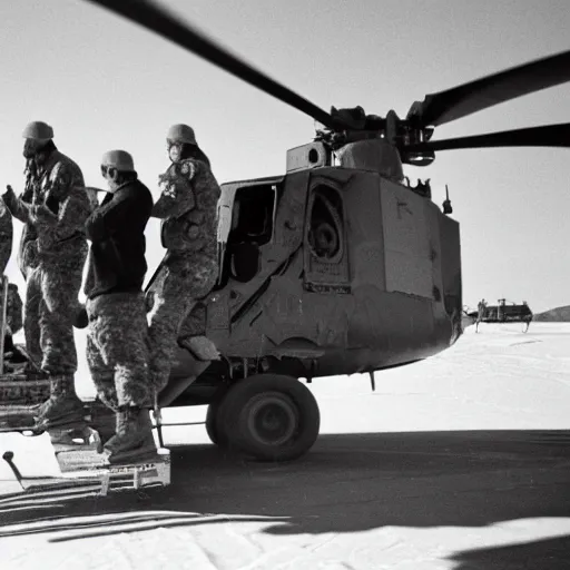 Prompt: closeup 3 5 mm film uhd 8 k photograph of middle aged caucasian men in camo unloading cargo from a black military 1 9 8 2 helicopter at a top secret military base in antarctica