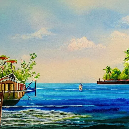 Prompt: a beautiful painting of a boat leaving the dock for paradise.