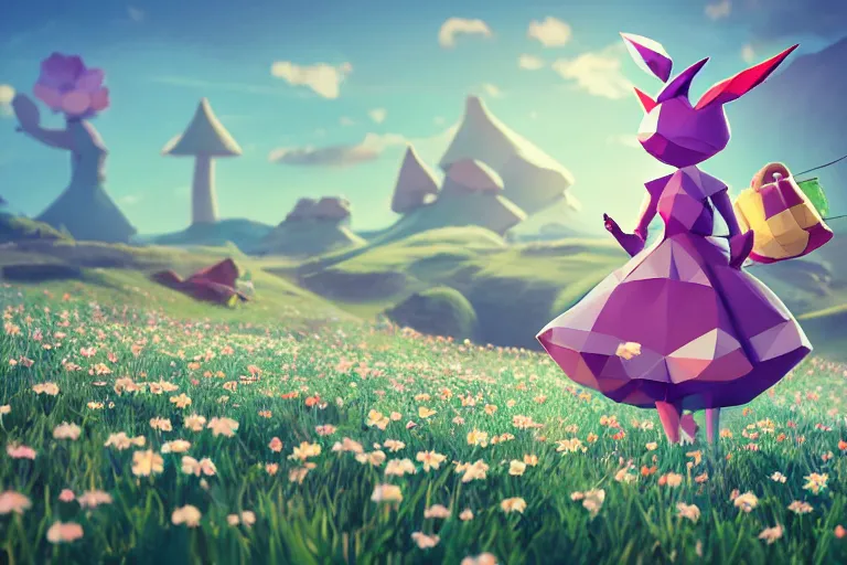 Prompt: ( lowpoly ) ps 1 playstation 1 9 9 9 running ( anthropomorphic ) ( lurantis ) maid wearing a hat holding a ( swadloon ) standing in a ( field of daisies ), mount coronet in the distance digital illustration by ruan jia on artstation