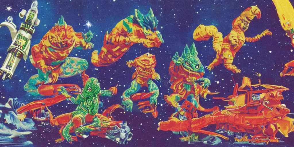 Image similar to Hindu Gremlin Godzilla Space Cowboys, catalogue photography, exciting toy commercial circa 1992