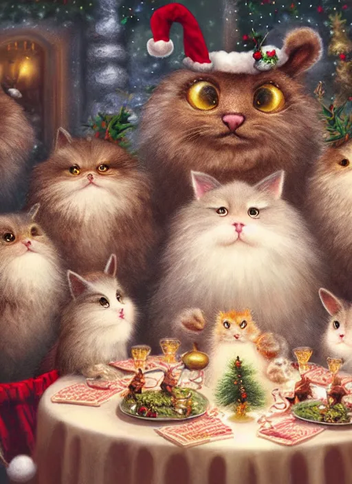 Image similar to highly detailed group closeup portrait of cute fluffy animals having a christmas party banquet in a castle, unreal engine, nicoletta ceccoli, mark ryden, earl norem, lostfish, global illumination, god rays, detailed and intricate environment