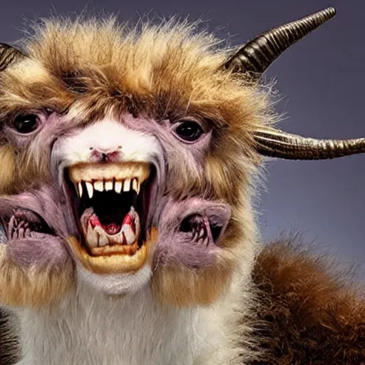 Prompt: horror image, cinematic, screeching mutant goat monster with a moth crammed full of sharp teeth and filthy matted fur