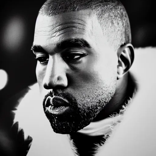 Image similar to cinematic photograph of Kanye West as a Futuristic Cyborg, close up, portrait, album cover, shallow depth of field, 40mm lens, gritty, textures