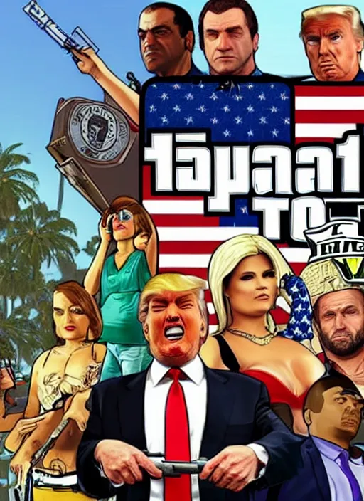 Prompt: gta 5 game poster showing donald trump with cardboard box outside mar - a - lago, wide shot, lego,