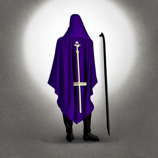 Image similar to grim reaper, purple cloak, full body, scythe