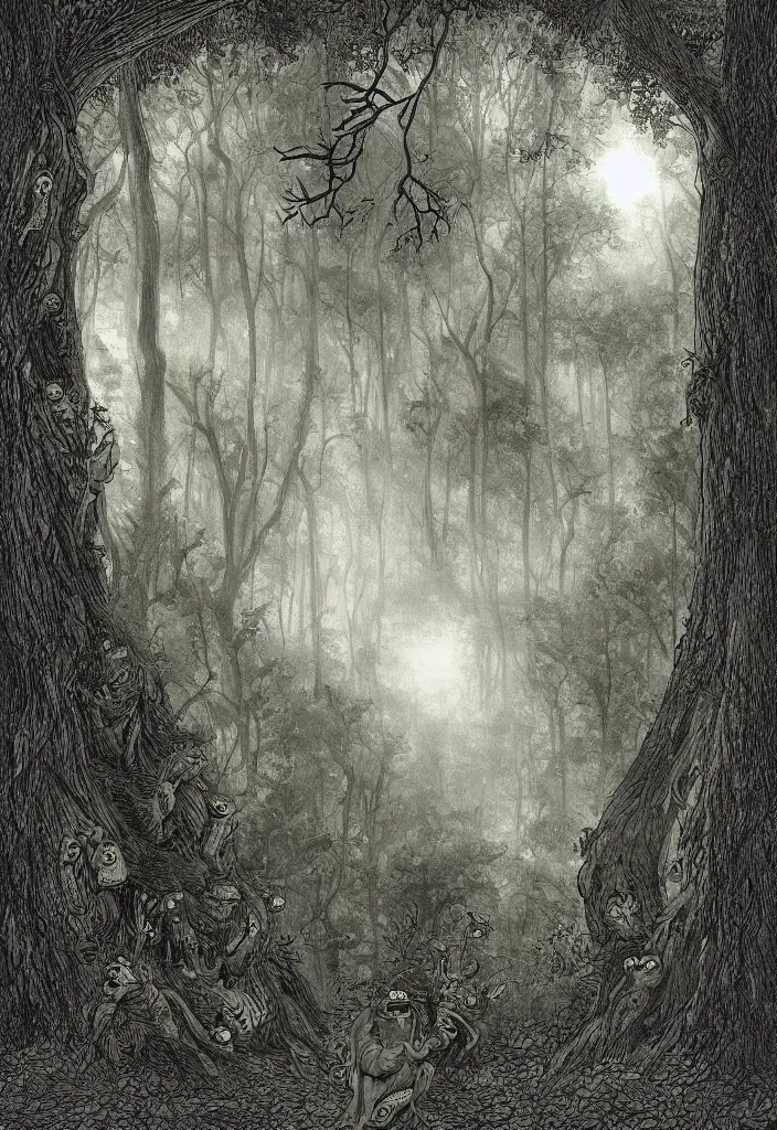 Prompt: Dark Forest fractal Light Through Canopy black sky story book Tony DiTerlizzi Brazilian Rosewood wandering pepe the frog standing upright the value of grief and loss Dark Forest Canopy loss, Luminism, pepe the frog , art in the style of Tony DiTerlizzi , Francisco de Goya and Thomas Cole and Gustave dore and Arnold Lobel