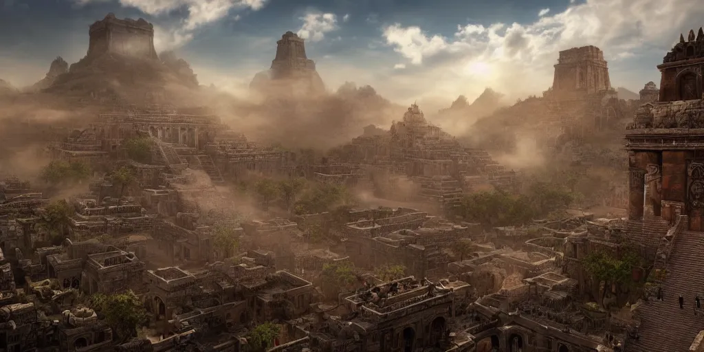 Image similar to aztec empire, superwide angle, light through the mist, dramatic lighting, photorealistic, cinematic lighting, high detail, cinematic feel, high octane, 4K, Unreal Engine, digital render, intricate, ultra realistic