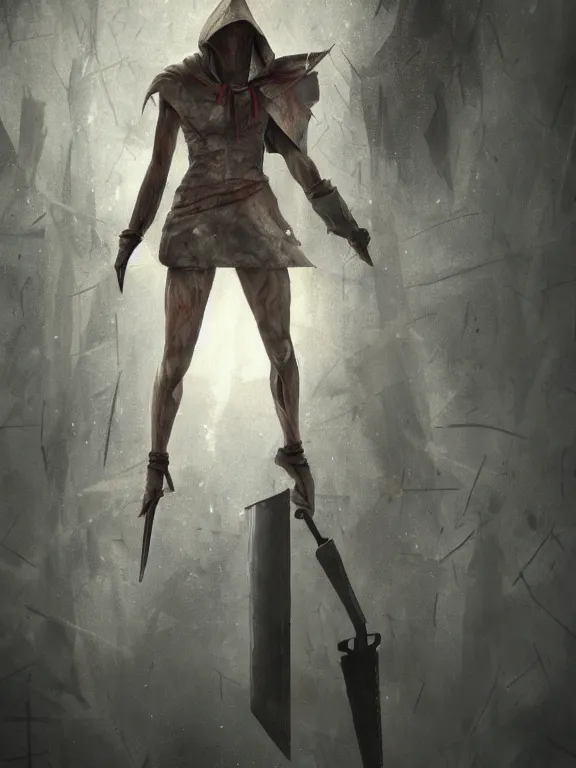 Prompt: Pyramid Head from Silent Hill on a fighting stance, splash art, riot games, mixed media, digital art, trending on artstation, 8k, epic composition, highly detailed, AAA graphics