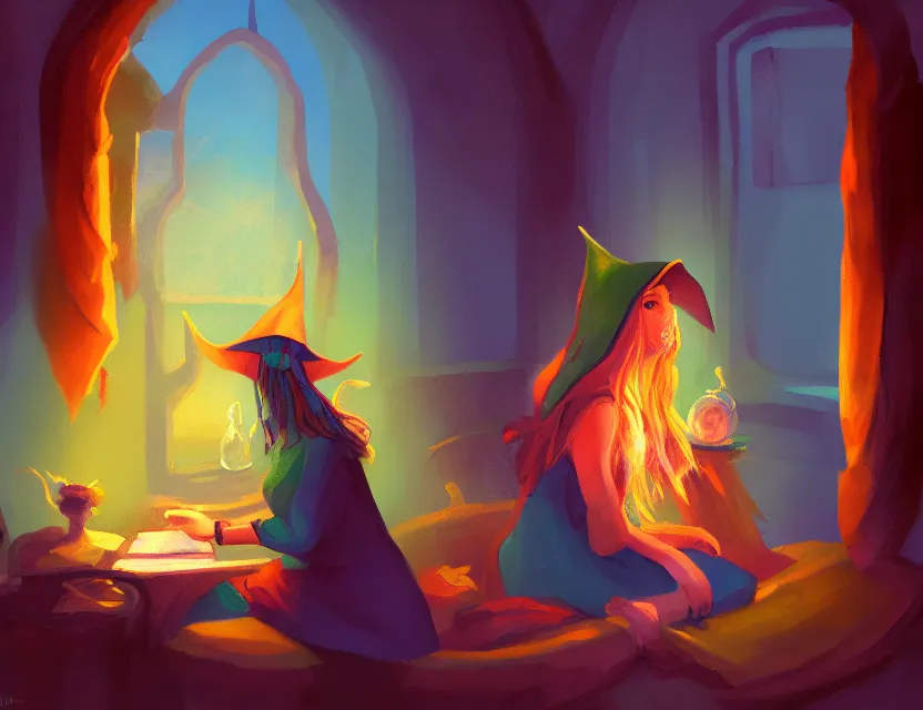 Prompt: bird witch girl in a cozy study. complementary colors, oil painting, indie concept art, bloom, chiaroscuro, backlighting.