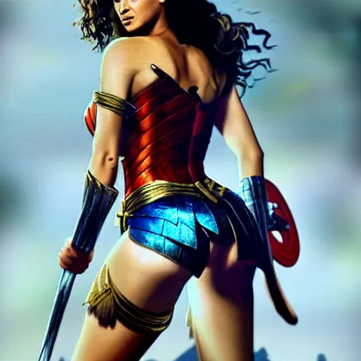 Image similar to Buxom Beyonce as Wonder woman, by Ruan Jia.