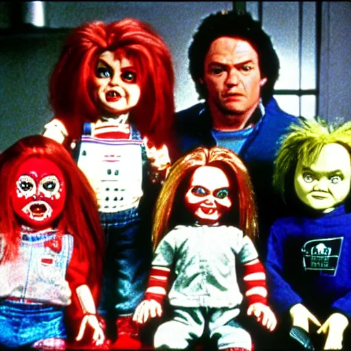 Image similar to Chucky the killer doll from the movie Child's Play surrounded by the Flodder family in a still from the dutch TV series Flodder (1993) 8k hdr