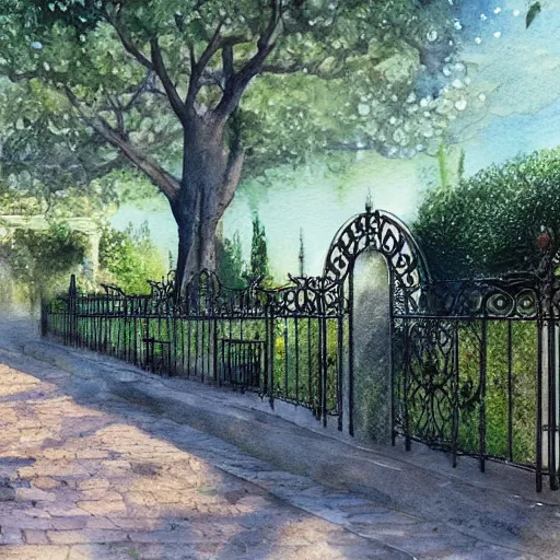 Prompt: delicate, chairs, garden, paved, botanic watercolors, iridescent, 8 k, realistic shaded, fine details, artstation, italian, iron gate, tree, mediterranean, alien world