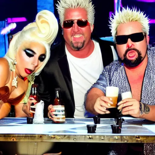 Prompt: a mix of lady gaga and guy fieri playing beer pong on stage