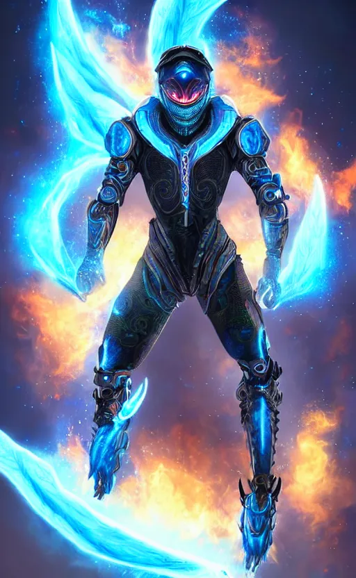 Image similar to young male cyborg with a dragon - inspired suit, dragon head, dragon wings, dragon tail, wielding a blue flame, digital art, alien, rich iridescent colors, d & d, very detailed, symmetrical, 8 k hd, futuristic