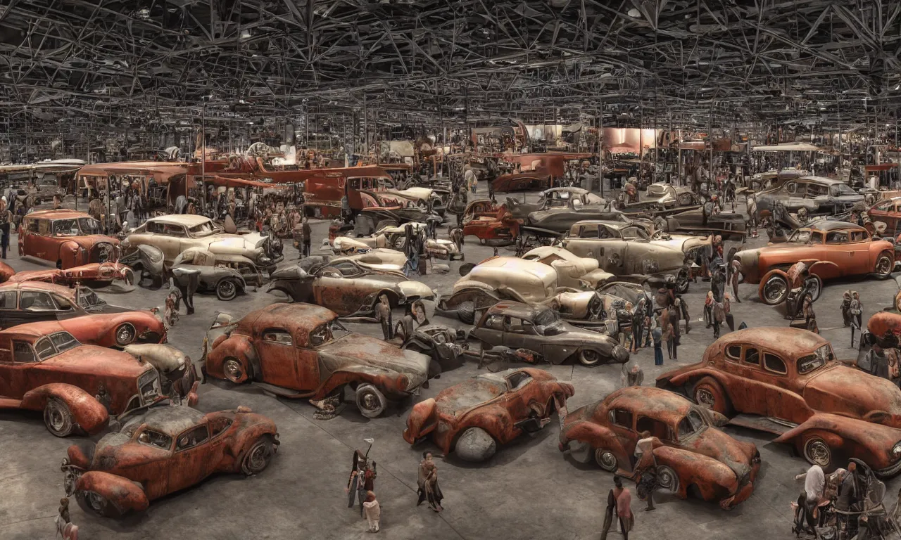 Image similar to exhibition hall full of rusty old restomods cars, plants and observing crowd people, postapo style, high detail, volumetric lighting, from new movie by digital domain and weta digital, strong ambient occlusion