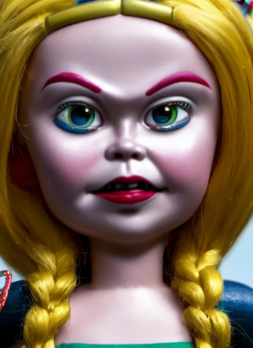 Image similar to closeup face profile portrait of a tin toy greta thunberg as the bride of chucky as a fairytale princess wearing a crown, bikini, depth of field, zeiss lens, detailed, fashion photoshoot, by nicoletta ceccoli, mark ryden, lostfish, breathtaking, 8 k resolution, extremely detailed, beautiful, establishing shot, artistic, hyperrealistic, octane render