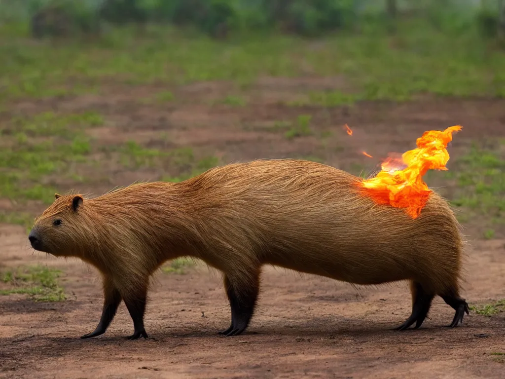 Prompt: high resolution 4k Capybara with flamethrower, Vietnam, napalm, war, m16, capybara, vietnam war