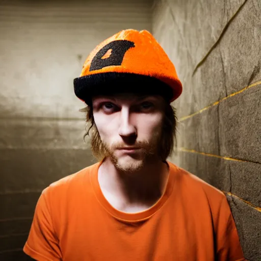 Image similar to close-up a 25 year old man wearing a black winter hat and a orange jail inmate tshirt, inside a underground facility, blue eyes, hideous, side lighting