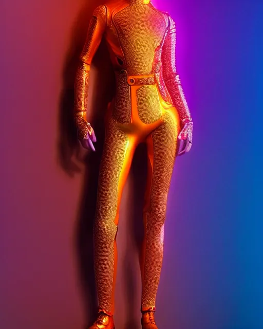 Image similar to full body shot of sophie turner dressed in orange purple futuristic cyberpunk clothing, soft diffused light, bjork aesthetic, translucent, by rineke dijkstra and artgerm, intricate details, highly detailed, masterpiece, 8 5 mm
