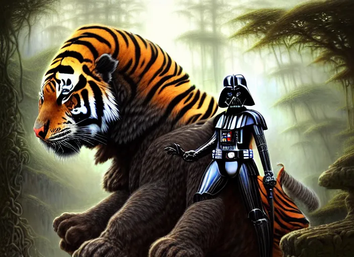 Image similar to romantic portrait shot of darth vader riding a tiger through the jungle intricate, elegant, highly detailed, centered, digital painting, artstation, concept art, smooth, sharp focus, illustration, artgerm, tomasz alen kopera, peter mohrbacher, donato giancola, joseph christian leyendecker, wlop, boris vallejo