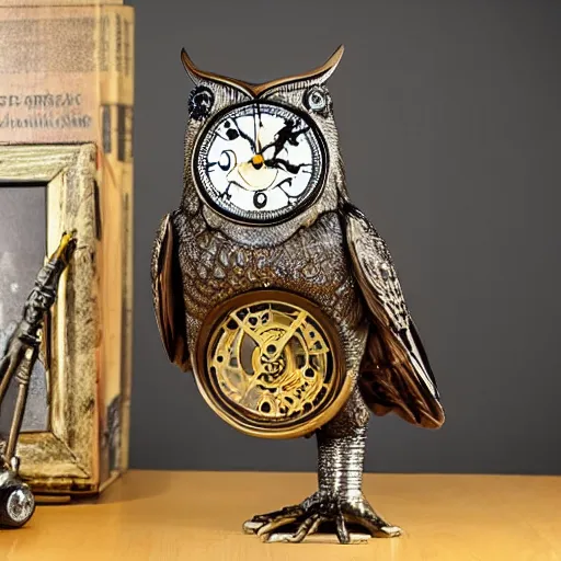 Image similar to an owl shaped steampunk mechanical clock
