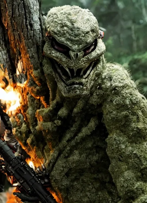 Image similar to cinematic, 4 k, full body portrait, rock golem as a soldier smoking a cigarette, still from the movie predator