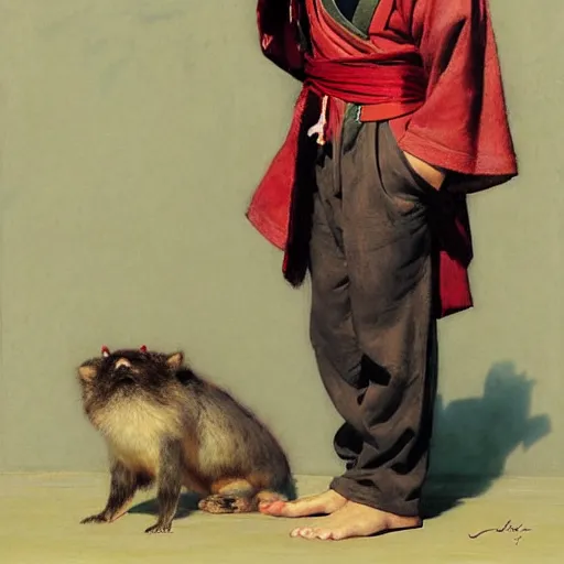 Image similar to a portrait of a hamato yoshi wearing a red kimono, hairy, feet, tail. highly detailed painting by gaston bussiere, craig mullins, j. c. leyendecker, furry