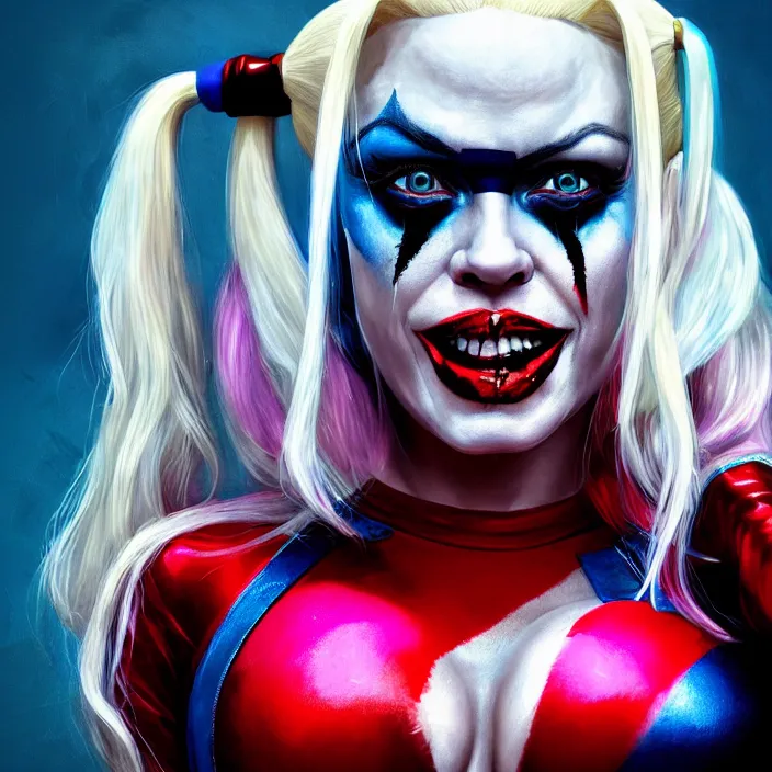 Image similar to portrait of Pamela Anderson as a harley quinn in Suicide Squad. intricate abstract. intricate artwork. by Tooth Wu, wlop, beeple, dan mumford. octane render, trending on artstation, greg rutkowski very coherent symmetrical artwork. cinematic, hyper realism, high detail, octane render, 8k, iridescent accents