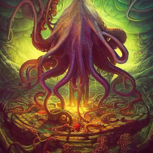 Prompt: dystopian fantasy undersea rock concert. On stage, the drummer is Cthulhu squid woman with tentacles playing a big rock&roll drum kit, by Philipp A. Urlich and Pengzhen Zhang an Andreas Rocha, fantasy, intricate, elegant, highly detailed, digital painting, artstation, blender, unreal engine 5, octane render, smooth, sharp focus, illustration