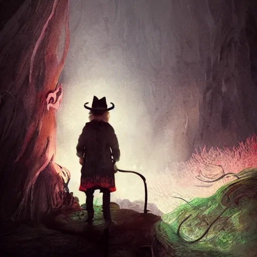 Image similar to snufkin in hell as character from elden ring in style of elden ring, digital illustration portrait design, by android jones and greg rutkowski, retrowave color scheme, detailed, cinematic lighting, wide angle action dynamic portrait