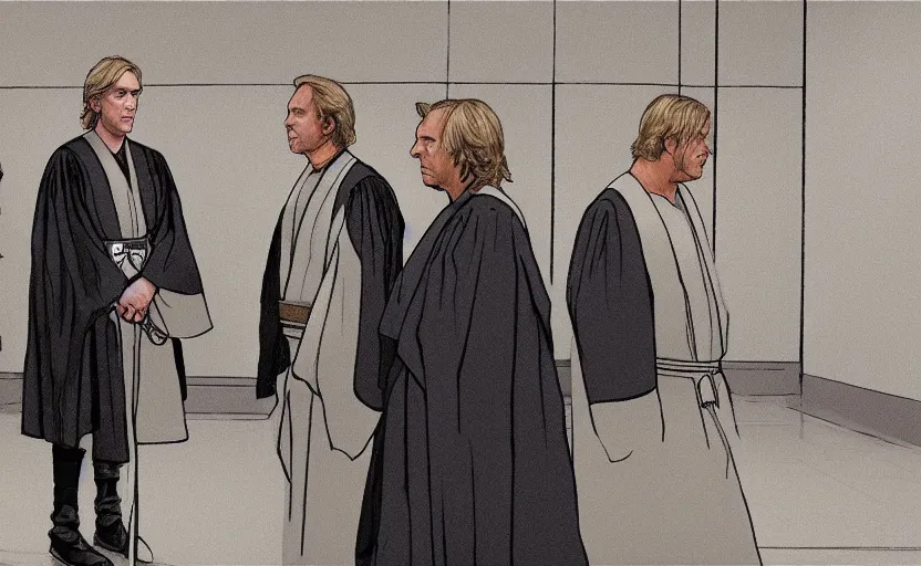 Prompt: anakin skywalker in jedi robes talking to saul goodman in a suit in court, us court, better call saul scene 1 0 8 0 p, court session images, realistic faces