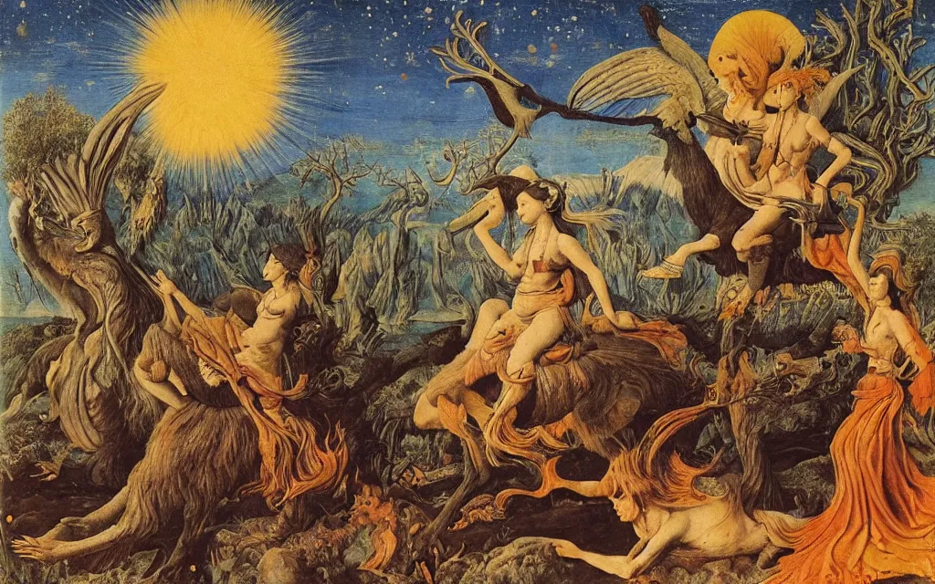 Image similar to a portrait photograph of a meditating harpy and a centaur king riding eagles and hunting at a river delta. surrounded by bulbous trees. mountain range under a blue sky of fiery stars. by jan van eyck, max ernst, ernst haeckel, ernst fuchs and artgerm, artstation, daily deviation, 8 k